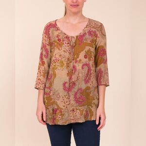 World Market Paisley Boho Peasant Blouse L/XL 100% Cotton Beige Pink NWOT